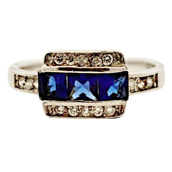 Silver Ring Azure Blue and Clear Rhinestones circa 1950s